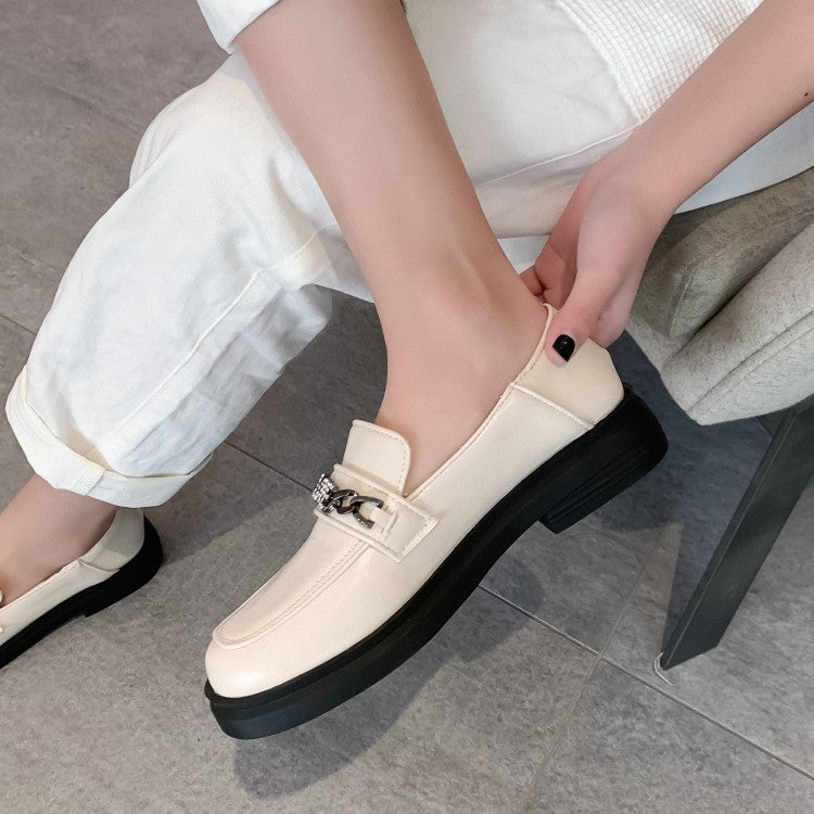 Ladies Solid Color Square Toe Rhinestone Metal Decor Slip on Flats Shoes