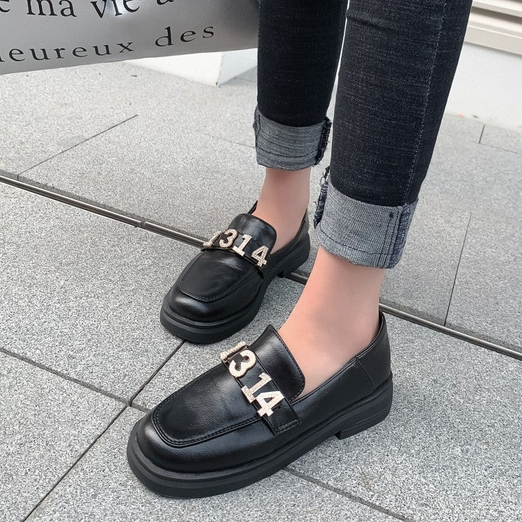 Ladies Solid Color Round Toe Rhinestone Decor Slip on Flats Shoes