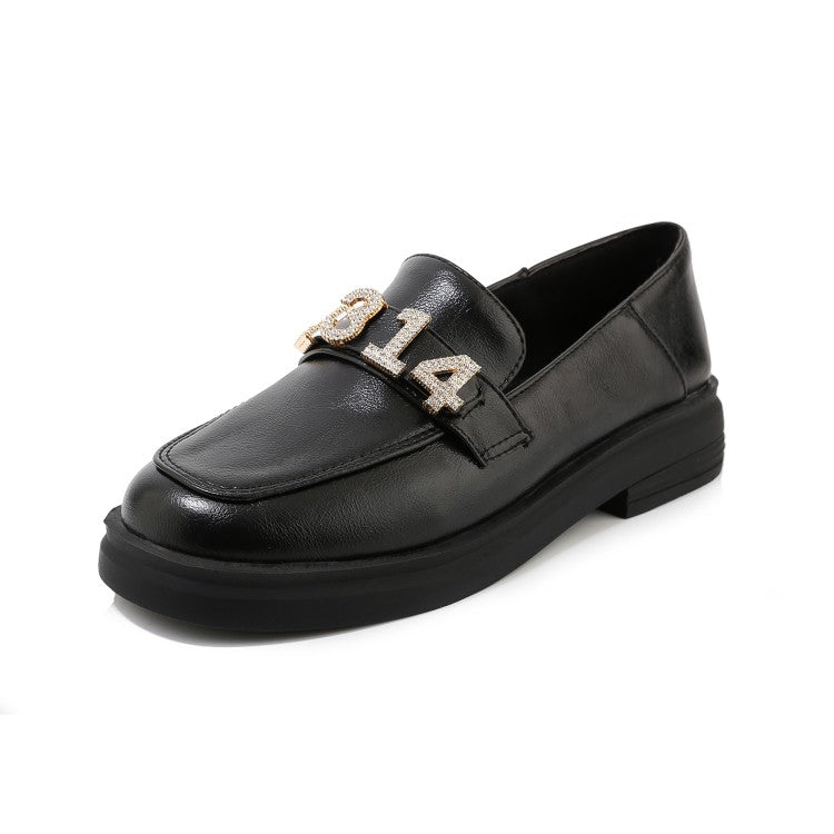 Ladies Solid Color Round Toe Rhinestone Decor Slip on Flats Shoes