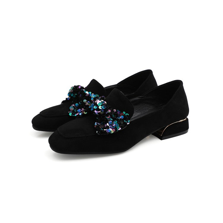 Ladies Pumps Suede Sequins Butterfly Knot Puppy Heel Shoes