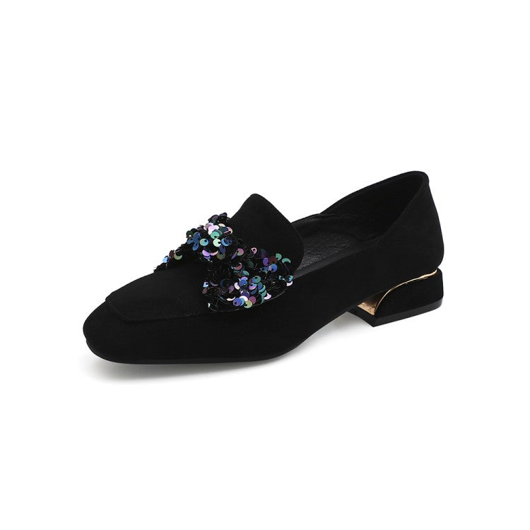 Ladies Pumps Suede Sequins Butterfly Knot Puppy Heel Shoes