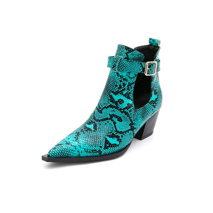 Serpentinite Pointed Toe Buckle Straps Block Chunky Heel Short Boots for Women