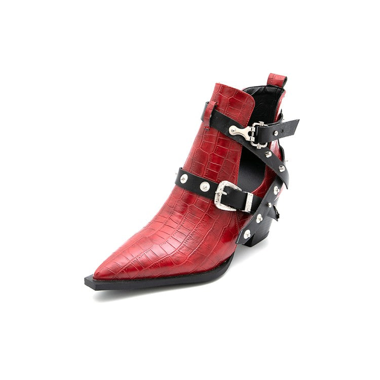 Crocodile Pattern Pointed Toe Rivets Buckle Block Chunky Heel Short Boots for Women