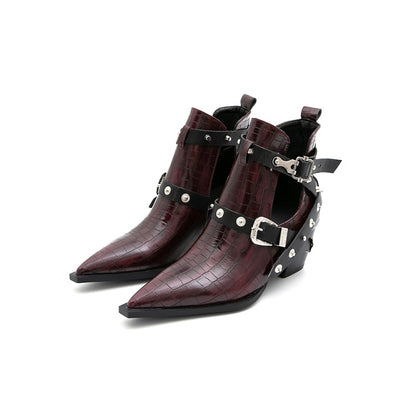 Crocodile Pattern Pointed Toe Rivets Buckle Block Chunky Heel Short Boots for Women