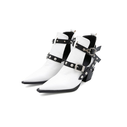 Crocodile Pattern Pointed Toe Rivets Buckle Block Chunky Heel Short Boots for Women