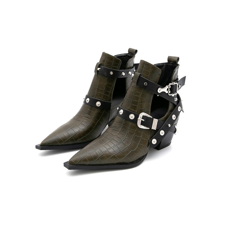 Crocodile Pattern Pointed Toe Rivets Buckle Block Chunky Heel Short Boots for Women