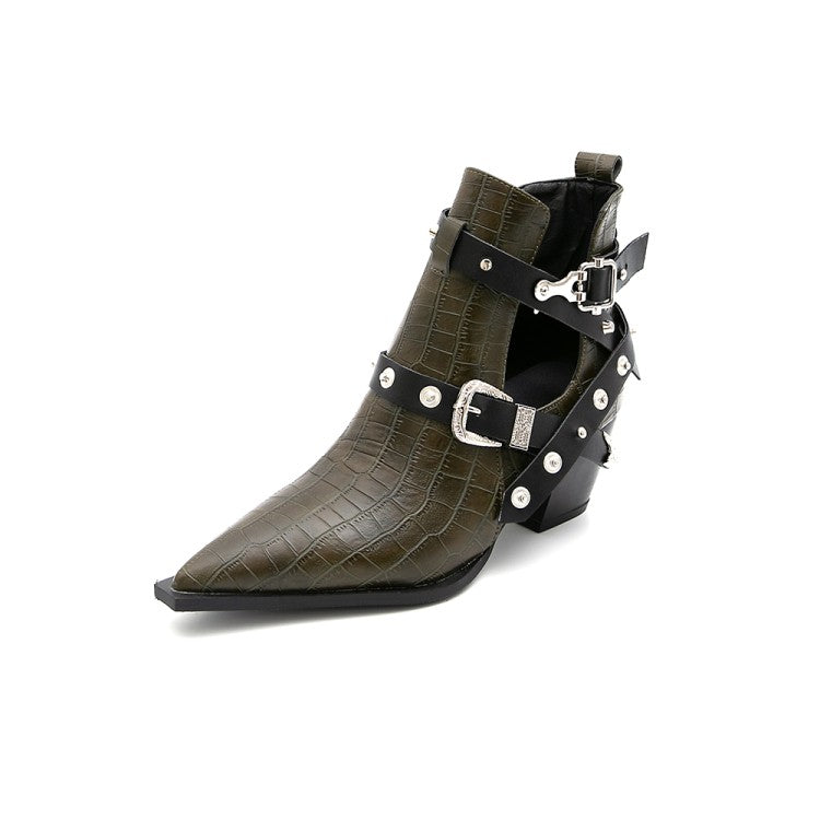 Crocodile Pattern Pointed Toe Rivets Buckle Block Chunky Heel Short Boots for Women