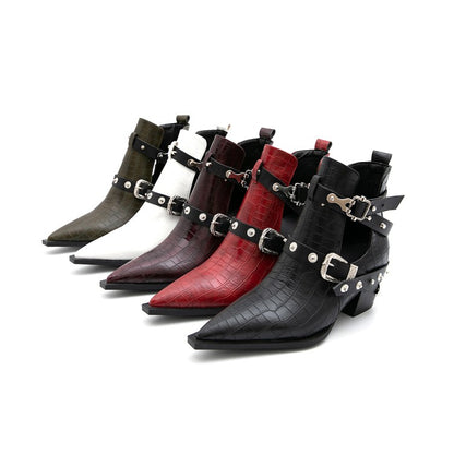 Crocodile Pattern Pointed Toe Rivets Buckle Block Chunky Heel Short Boots for Women