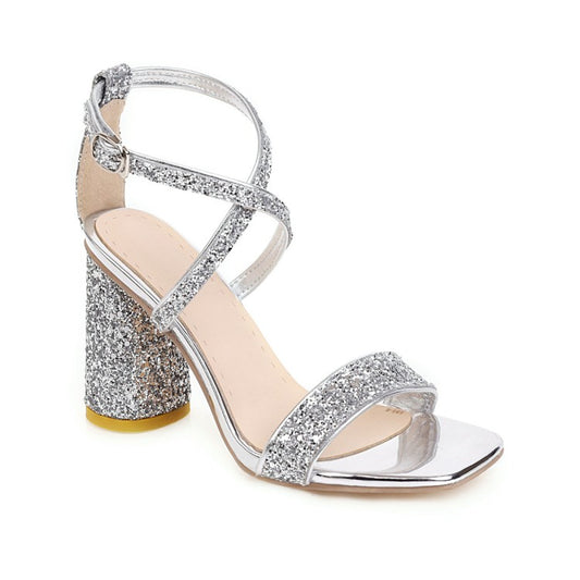 Ladies Bling Bling Sequined Cross Ankle Strap Block Heel Chunky Sandals