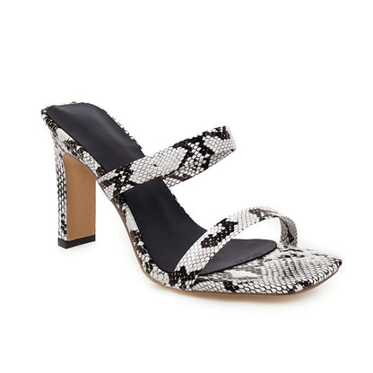 Ladies Snake Print Square Toe Hollow Out High Heel Sandals