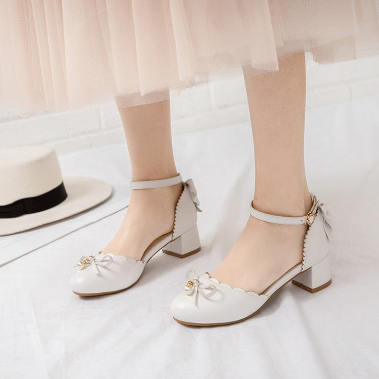 Ladies Solid Color Round Toe Butterfly Knot Pearls Block Heel Sandals