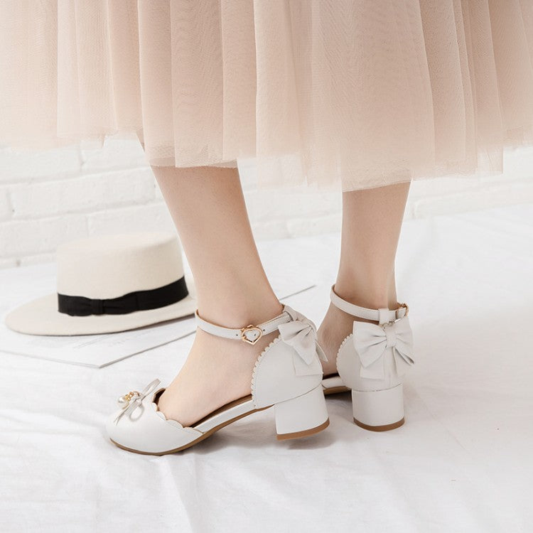 Ladies Solid Color Round Toe Butterfly Knot Pearls Block Heel Sandals