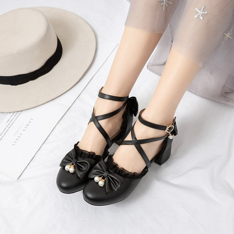 Ladies Solid Color Lace Butterfly Knot Hollow Out Block Heel Sandals