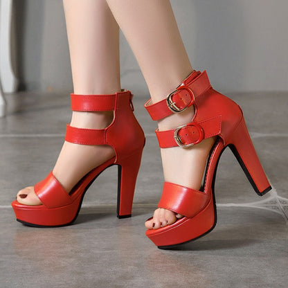 Ladies Solid Color Double Ankle Strap Platform Chunky Heel Sandals