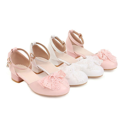 Ladies Solid Color Round Toe Lace Butterfly Knot Ankle Strap Block Heel Low Heels Sandals