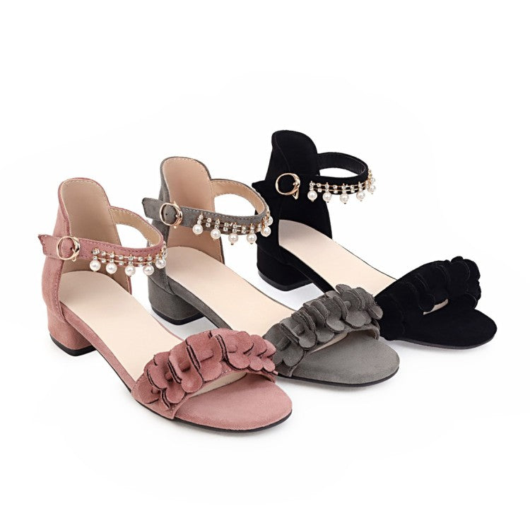 Ladies Flora Ankle Strap Pearls Hollow Out Block Heel Low Heels Sandals