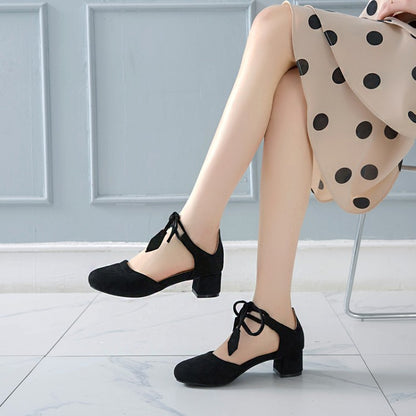 Ladies Solid Color Suede Round Toe Tied Strap Block Heel Sandals