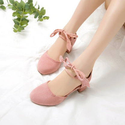 Ladies Solid Color Suede Round Toe Tied Strap Block Heel Sandals