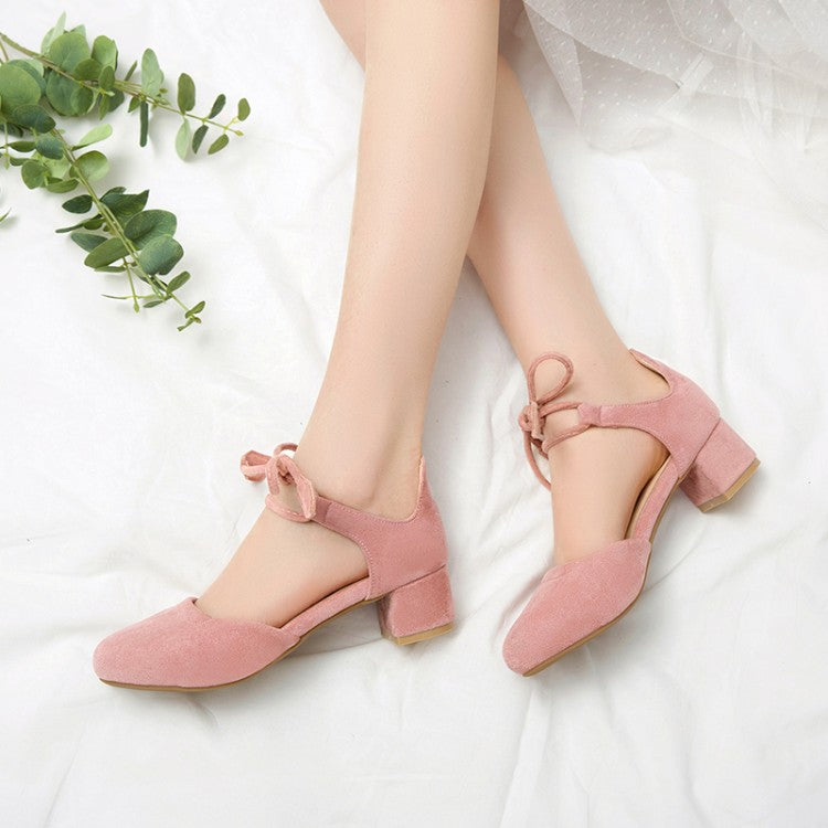 Ladies Solid Color Suede Round Toe Tied Strap Block Heel Sandals