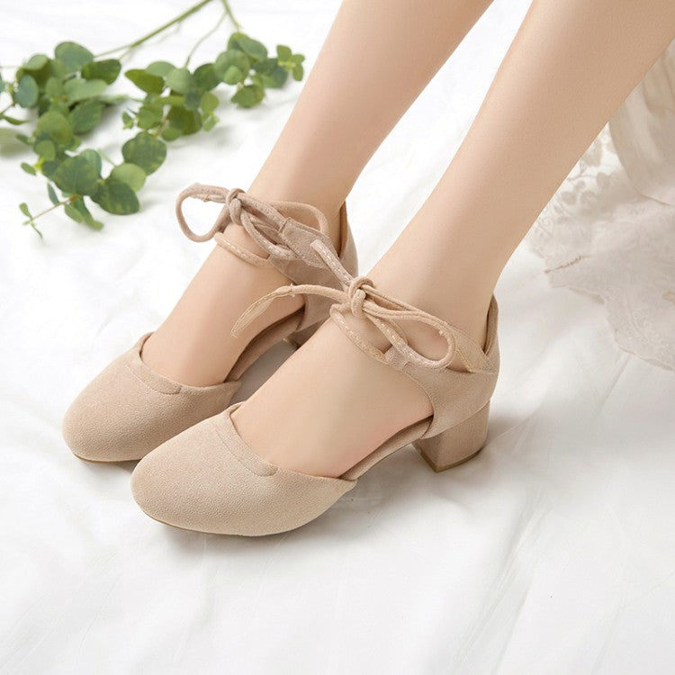 Ladies Solid Color Suede Round Toe Tied Strap Block Heel Sandals