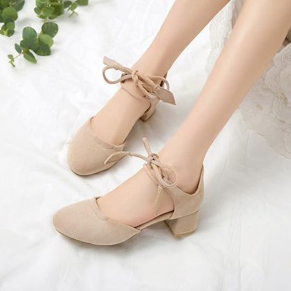 Ladies Solid Color Suede Round Toe Tied Strap Block Heel Sandals