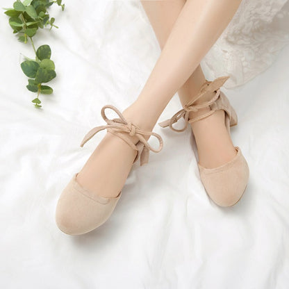 Ladies Solid Color Suede Round Toe Tied Strap Block Heel Sandals