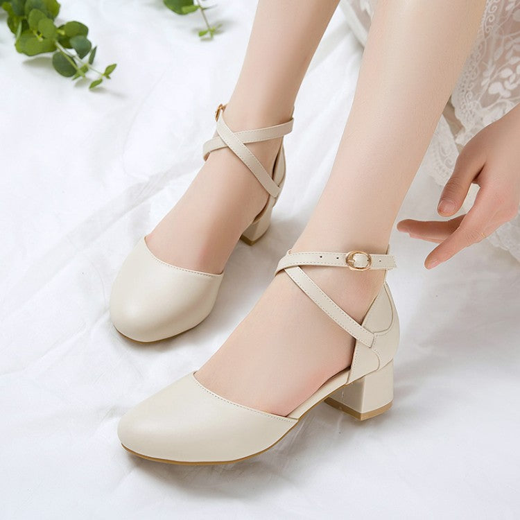 Ladies Solid Color Round Toe Cross Strap Block Heel Sandals