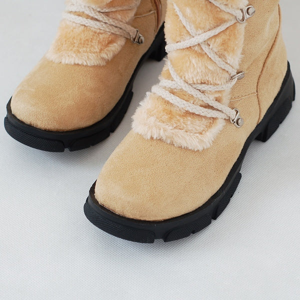 Flock Round Toe Lace-Up Furry Ball Side Zippers Block Chunky Heel Platform Mid-Calf Boots for Women