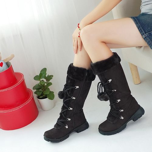 Flock Round Toe Lace-Up Furry Ball Side Zippers Block Chunky Heel Platform Mid-Calf Boots for Women