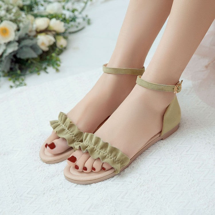 Ladies Solid Color Suede Lacing Ankle Strap Flat Sandals