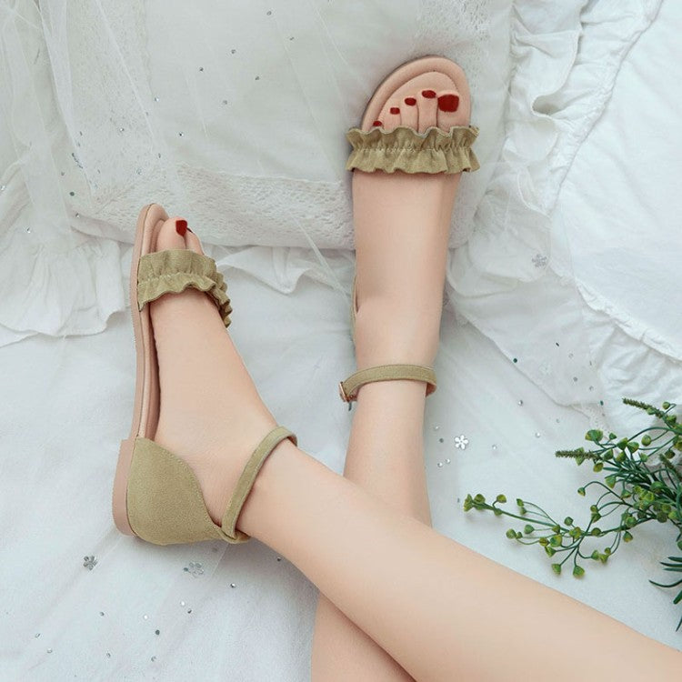 Ladies Solid Color Suede Lacing Ankle Strap Flat Sandals