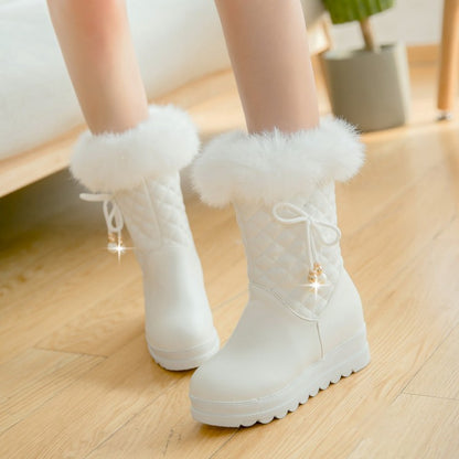 Round Toe Tied Straps Pearls Flat Platform Mid-Calf Boots for Women