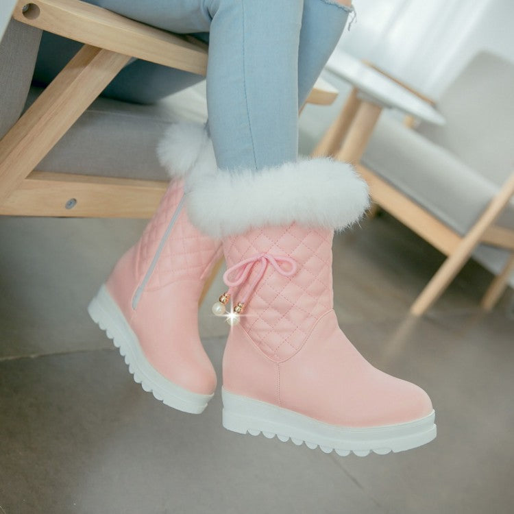 Round Toe Tied Straps Pearls Flat Platform Mid-Calf Boots for Women