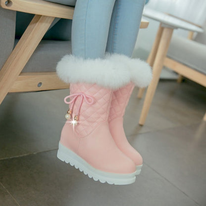 Round Toe Tied Straps Pearls Flat Platform Mid-Calf Boots for Women