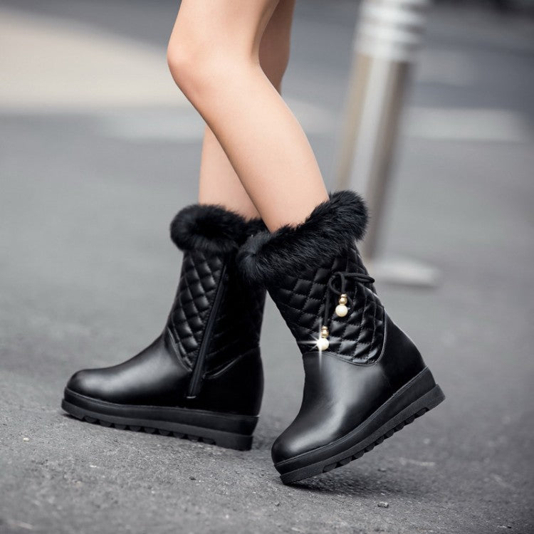 Round Toe Tied Straps Pearls Flat Platform Mid-Calf Boots for Women