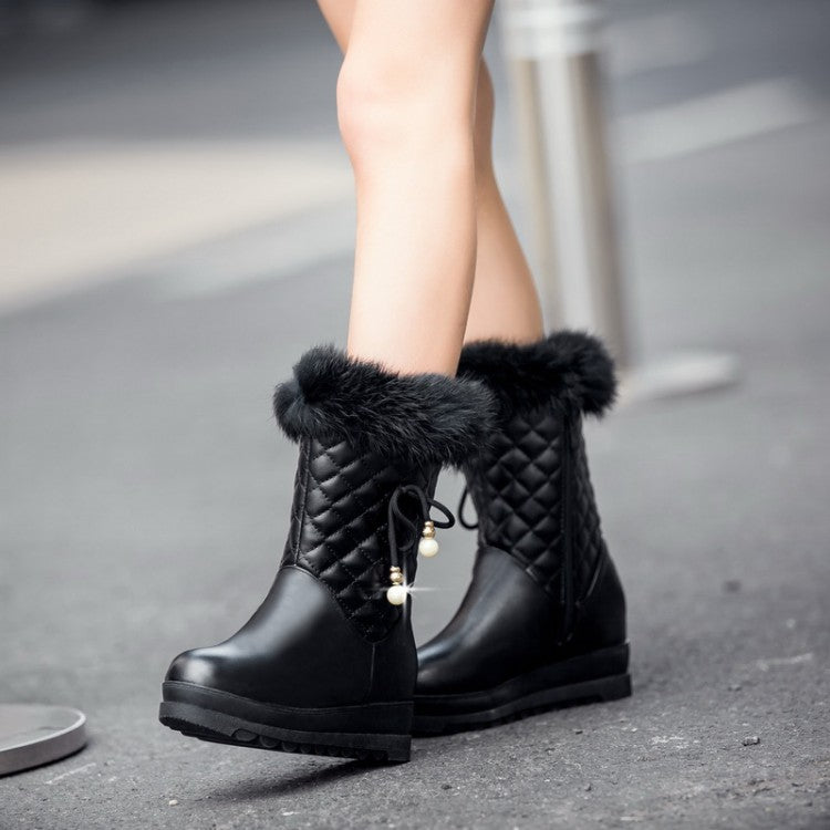 Round Toe Tied Straps Pearls Flat Platform Mid-Calf Boots for Women