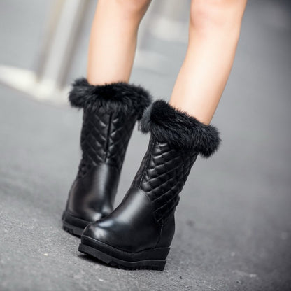 Round Toe Tied Straps Pearls Flat Platform Mid-Calf Boots for Women