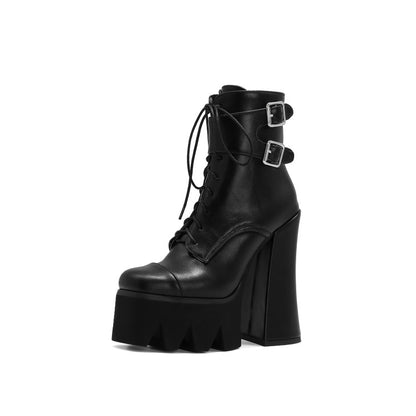 Crocodile Pattern Round Toe Lace Up Buckle Straps Side Zippers Block Chunky Heel Platform Ankle Boots for Women