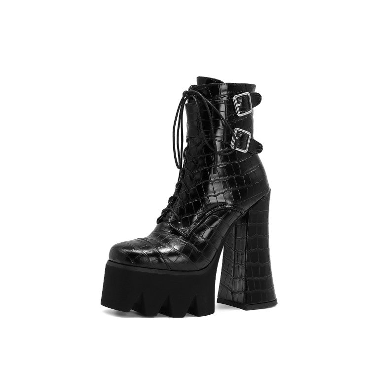 Crocodile Pattern Round Toe Lace Up Buckle Straps Side Zippers Block Chunky Heel Platform Ankle Boots for Women