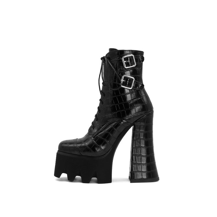 Crocodile Pattern Round Toe Lace Up Buckle Straps Side Zippers Block Chunky Heel Platform Ankle Boots for Women