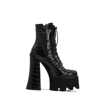 Crocodile Pattern Round Toe Lace Up Buckle Straps Side Zippers Block Chunky Heel Platform Ankle Boots for Women