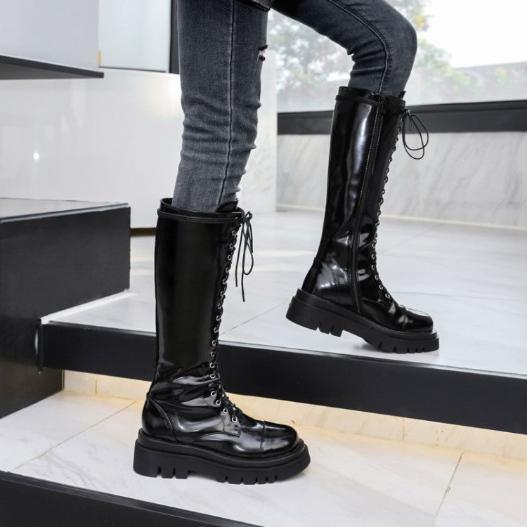 Ladies Pu Leather Lace Up Side Zippers Knee High Boots