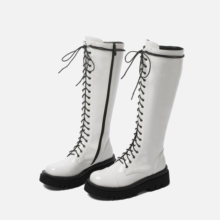 Ladies Pu Leather Lace Up Side Zippers Knee High Boots