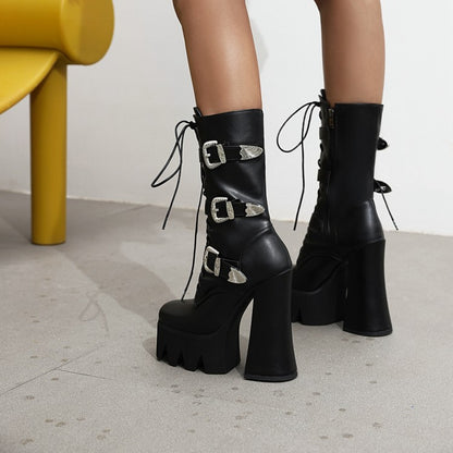 Pu Leather Square Toe Lace Up Buckle Straps Block Chunky Heel Platform Mid-calf Boots for Women