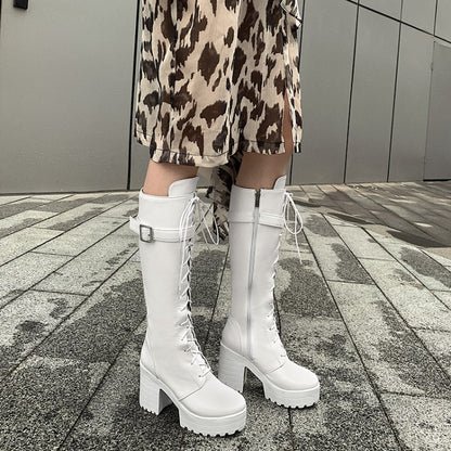 Round Toe Side Zippers Buckle Straps Block Chunky Heel Platform Tall Boots for Women