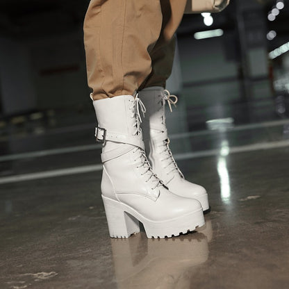 Lace Up Buckle Straps Block Heel Platform Mid Calf Boots for Women