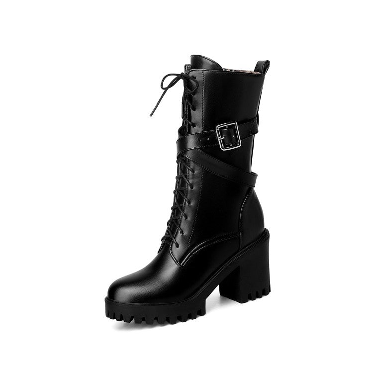 Lace Up Buckle Straps Block Heel Platform Mid Calf Boots for Women