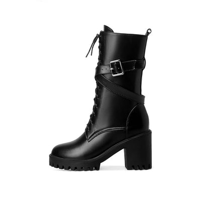 Lace Up Buckle Straps Block Heel Platform Mid Calf Boots for Women