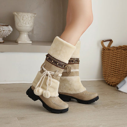 Flock Round Toe Stitch Fur Ball Fold Rivets Block Chunky Heel Platform Mid-Calf Boots for Women