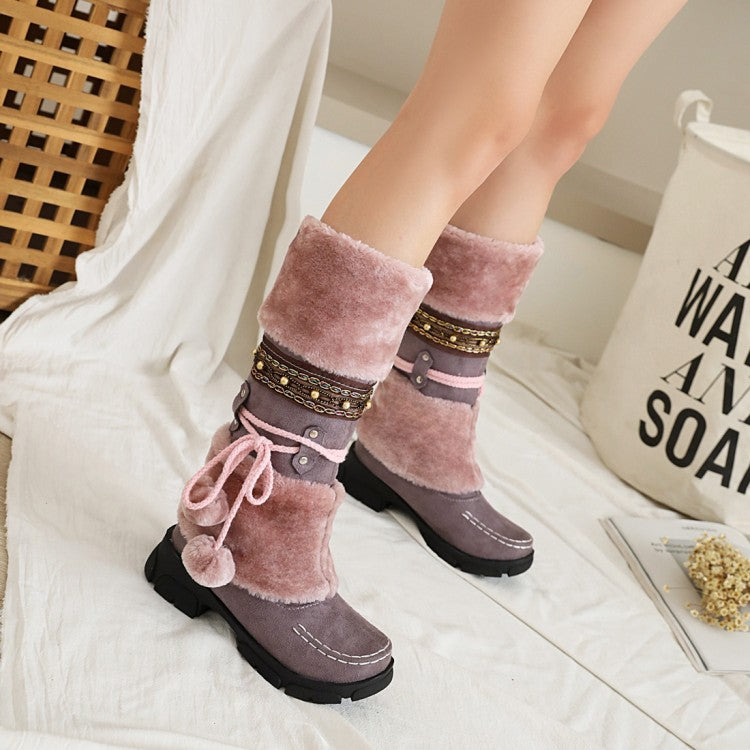 Flock Round Toe Stitch Fur Ball Fold Rivets Block Chunky Heel Platform Mid-Calf Boots for Women